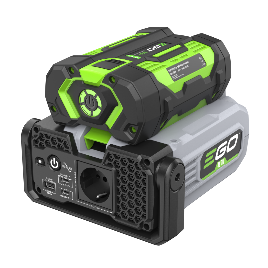 EGO PAD5001E Powerbank 400W met Accu en Lader, 230V en 2 USB-poorten, officieel weergegeven als model PAD5001E